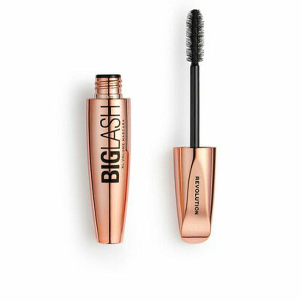 Tubo di mascara aperto, oro rosa, con spazzola nera. Scritta: BIG LASH XL VOLUME MASCARA. Marchio: REVOLUTION.