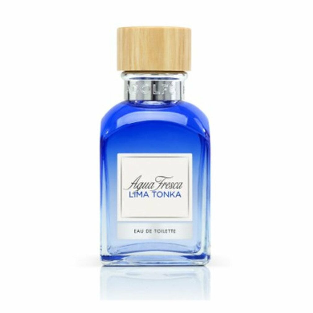 Flacone di profumo blu con tappo in legno. Scritta: Agua Fresca Lima Tonka Eau de Toilette.