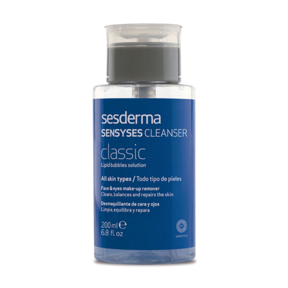 Flacone trasparente con etichetta blu. Scritta: sesderma, SENYSES CLEANSER classic. Contiene 200 ml.