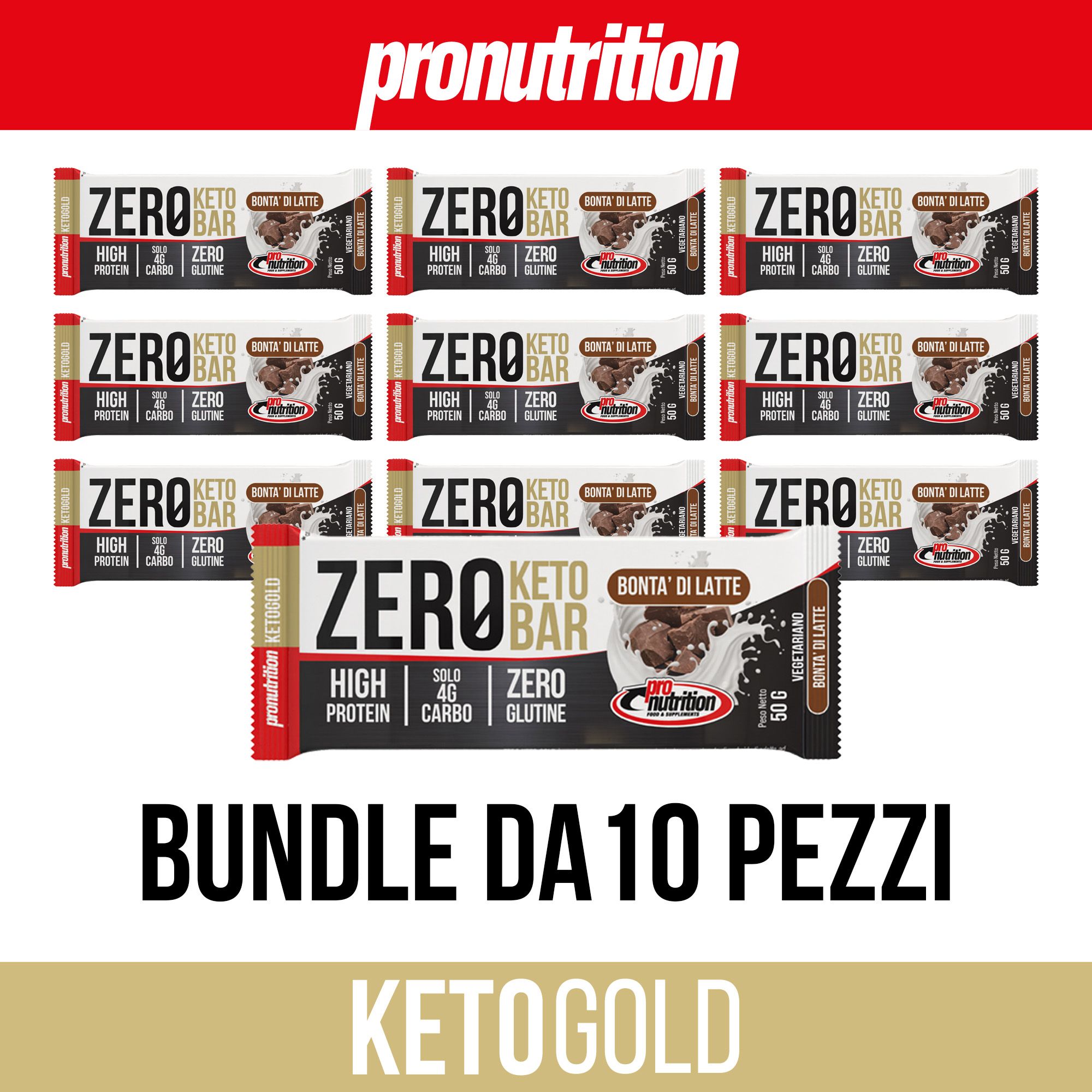 Nove barrette Pronutrition Zero Keto Bar. Scritta: Zero Keto Bar, Bontà di latte, 40% proteine, Senza glutine. Bundle da 10 pezzi.