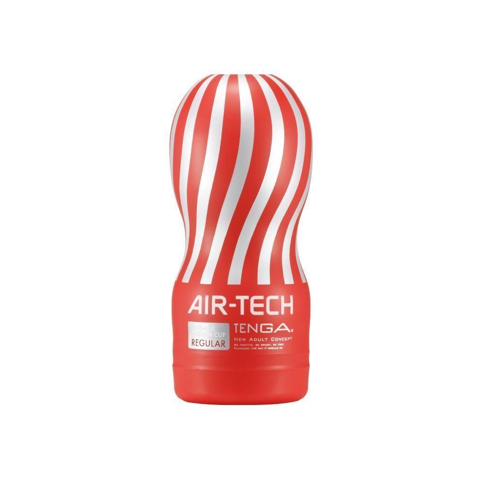 Contenitore rosso a strisce bianche. Testo: AIR-TECH, TENGA, REGULAR.