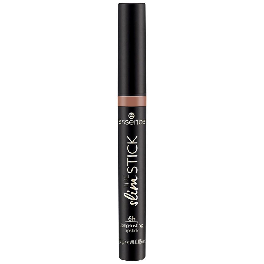 Stick di rossetto nero con mina marrone. Scritta: Essence, The Slim Stick, 6h long-lasting lipstick.