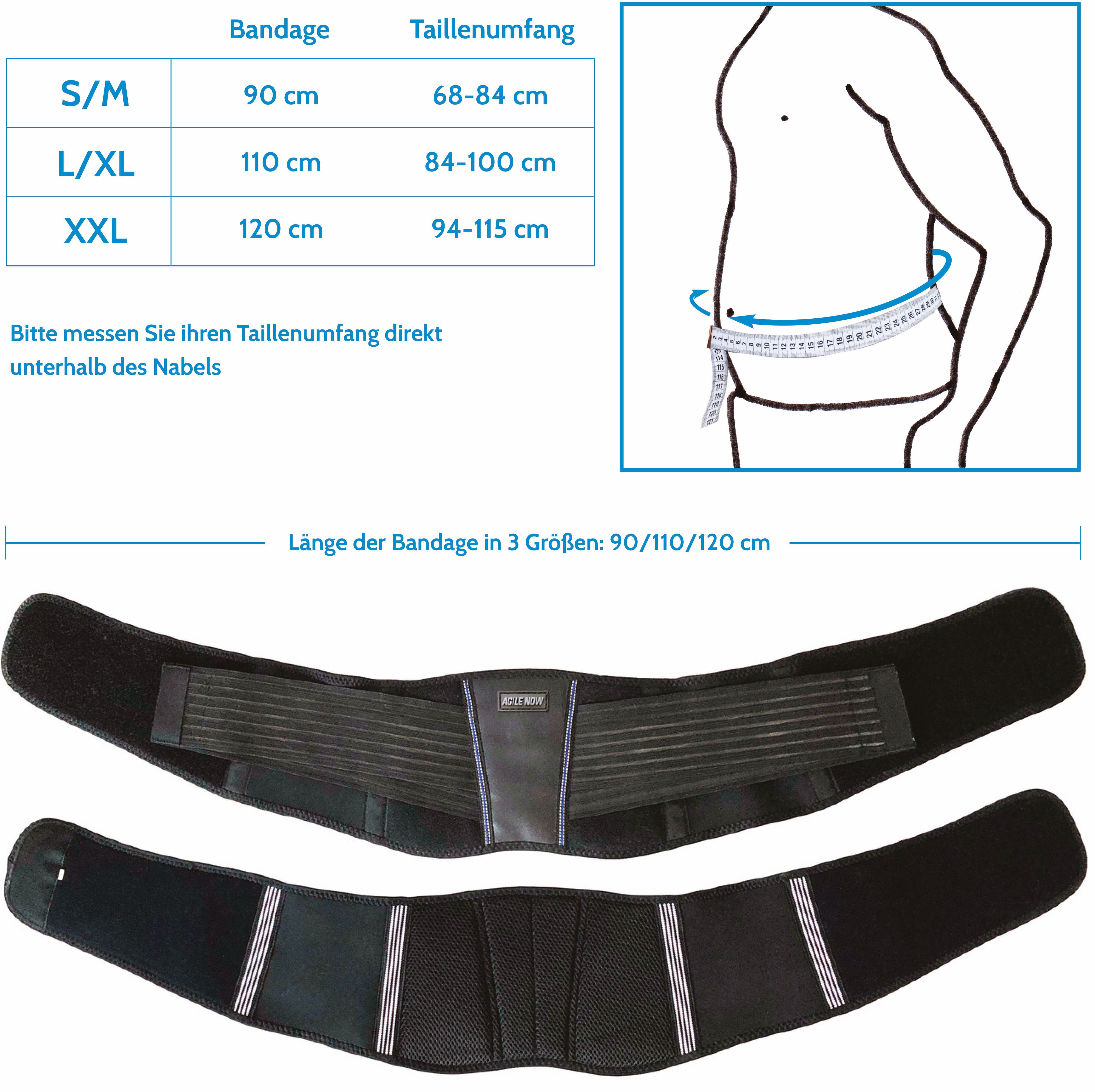 Tabella delle taglie per cintura di supporto lombare. Taglie: S/M, L/XL, XXL. Illustrazione: Persona che misura la vita.