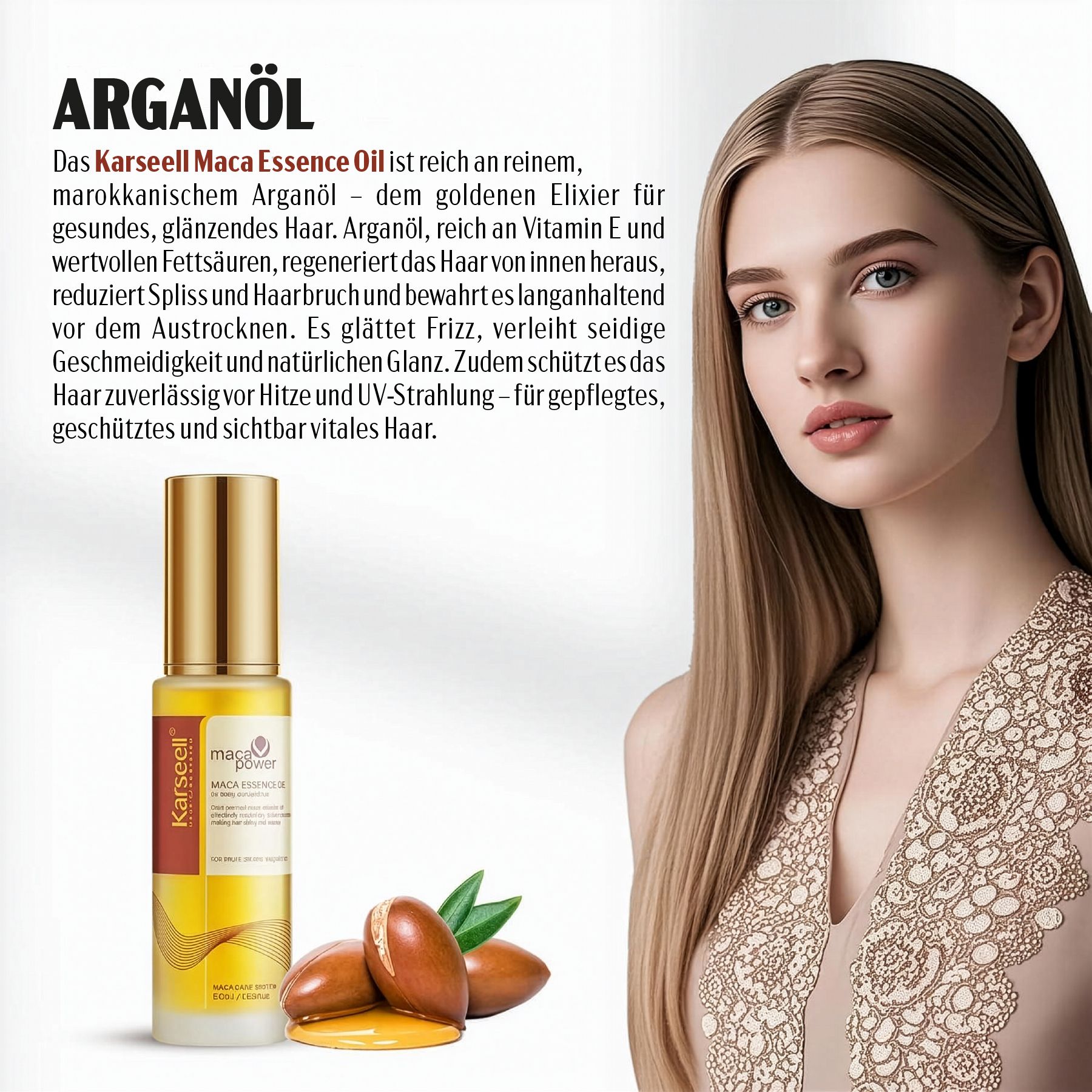 Olio Karseell Maca Essence. Bottiglia accanto a una donna. Testo: Olio di Argan. Descrizione del prodotto e dei suoi benefici.