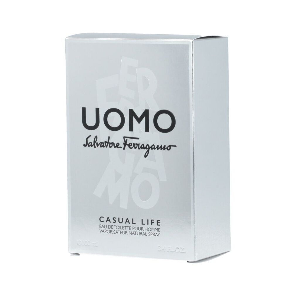 Scatola rettangolare grigia con scritta bianca UOMO, Salvatore Ferragamo, Casual Life. Eau de Toilette Pour Homme.