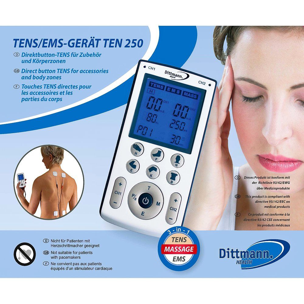 Dispositivo TENS/EMS TEN 250. Display digitale, pulsanti. Immagine di donna. Testo: Pulsante diretto TENS.