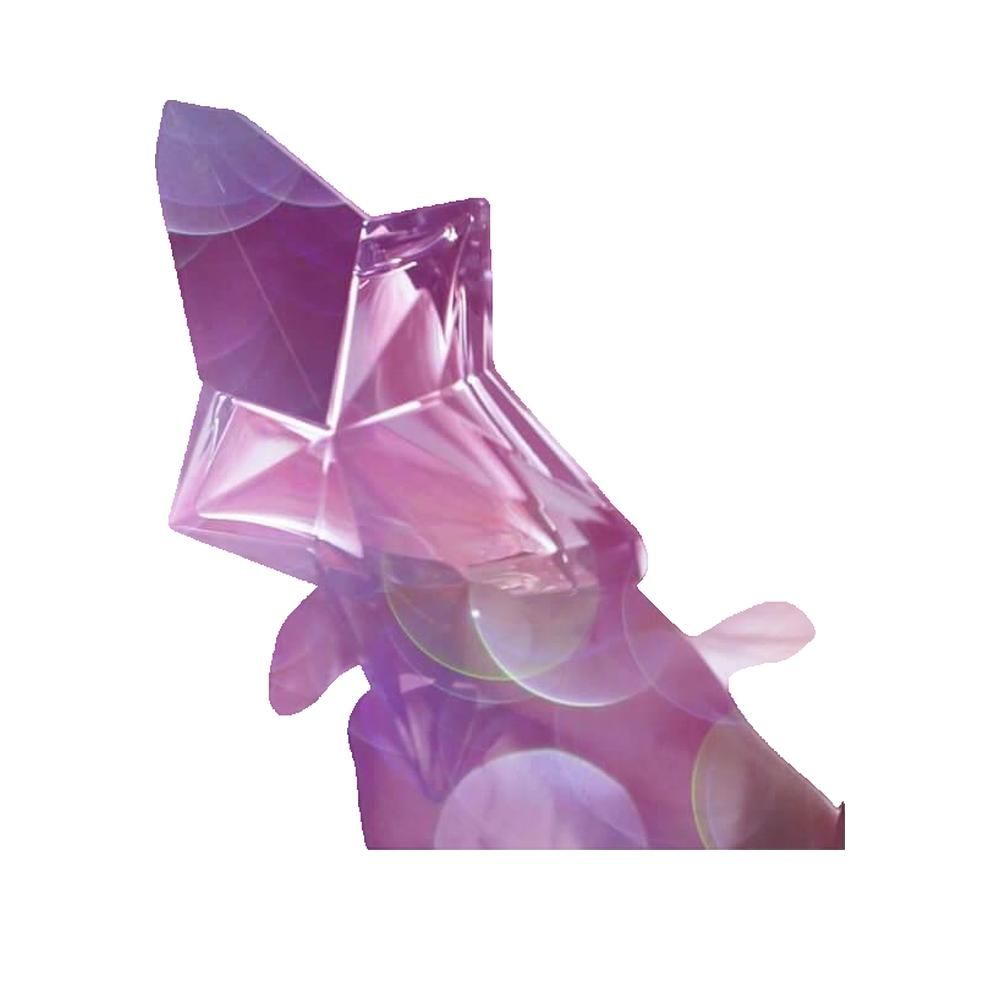 Flacone a forma di stella con sfumatura rosa. Il flacone è trasparente e ha un tappo grigio.