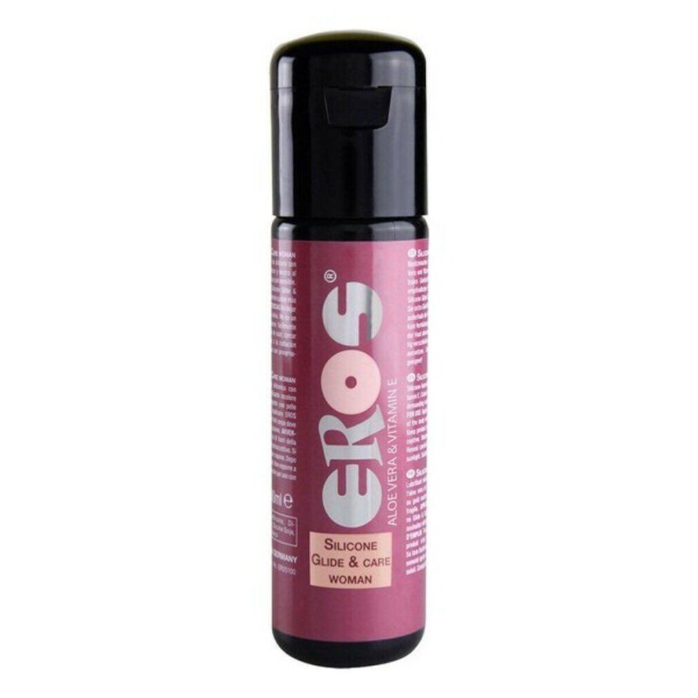 Flacone con tappo nero. Scritta: EROS, Silicone Glide & Care, Woman. Contiene Aloe Vera & Vitamina E.