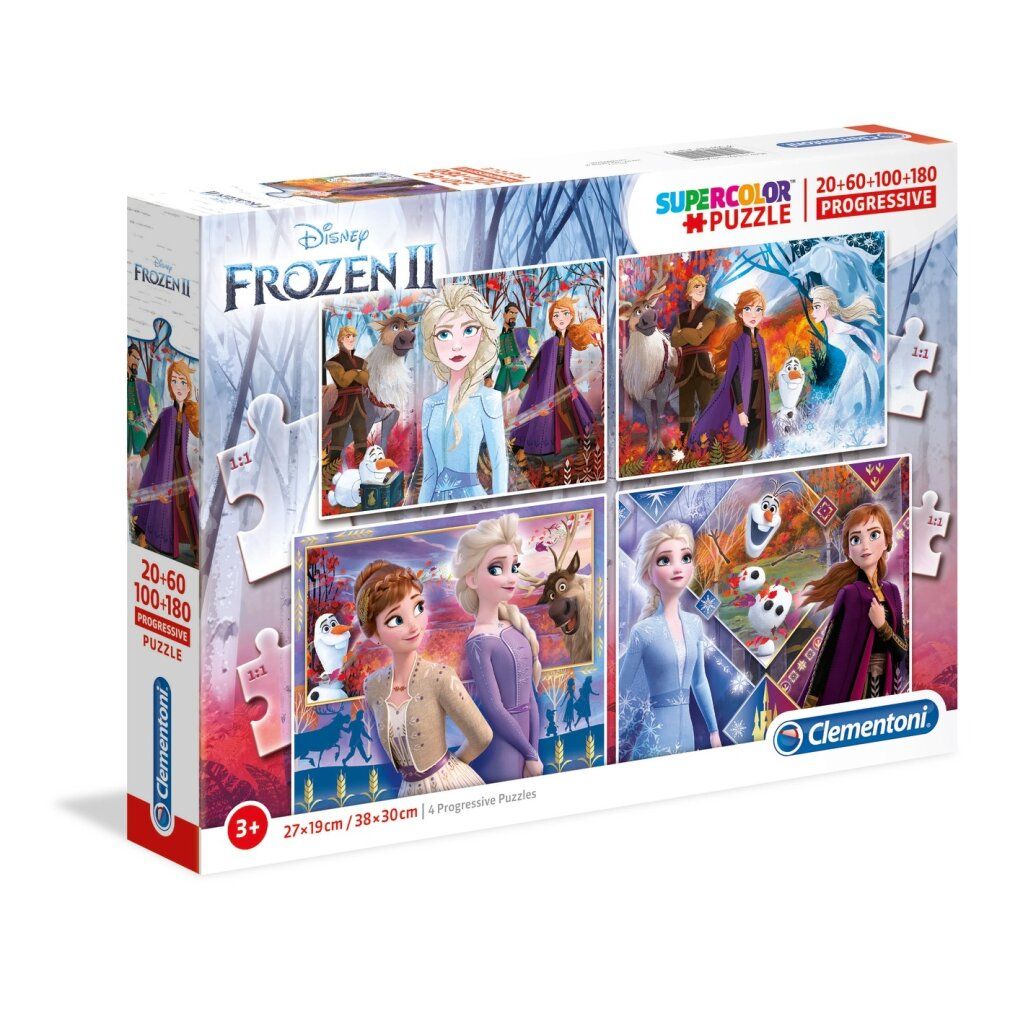 Scatola puzzle Clementoni Frozen II. Contiene quattro puzzle da 20, 60, 100 e 180 pezzi. Logo Disney e nome del prodotto sulla confezione.