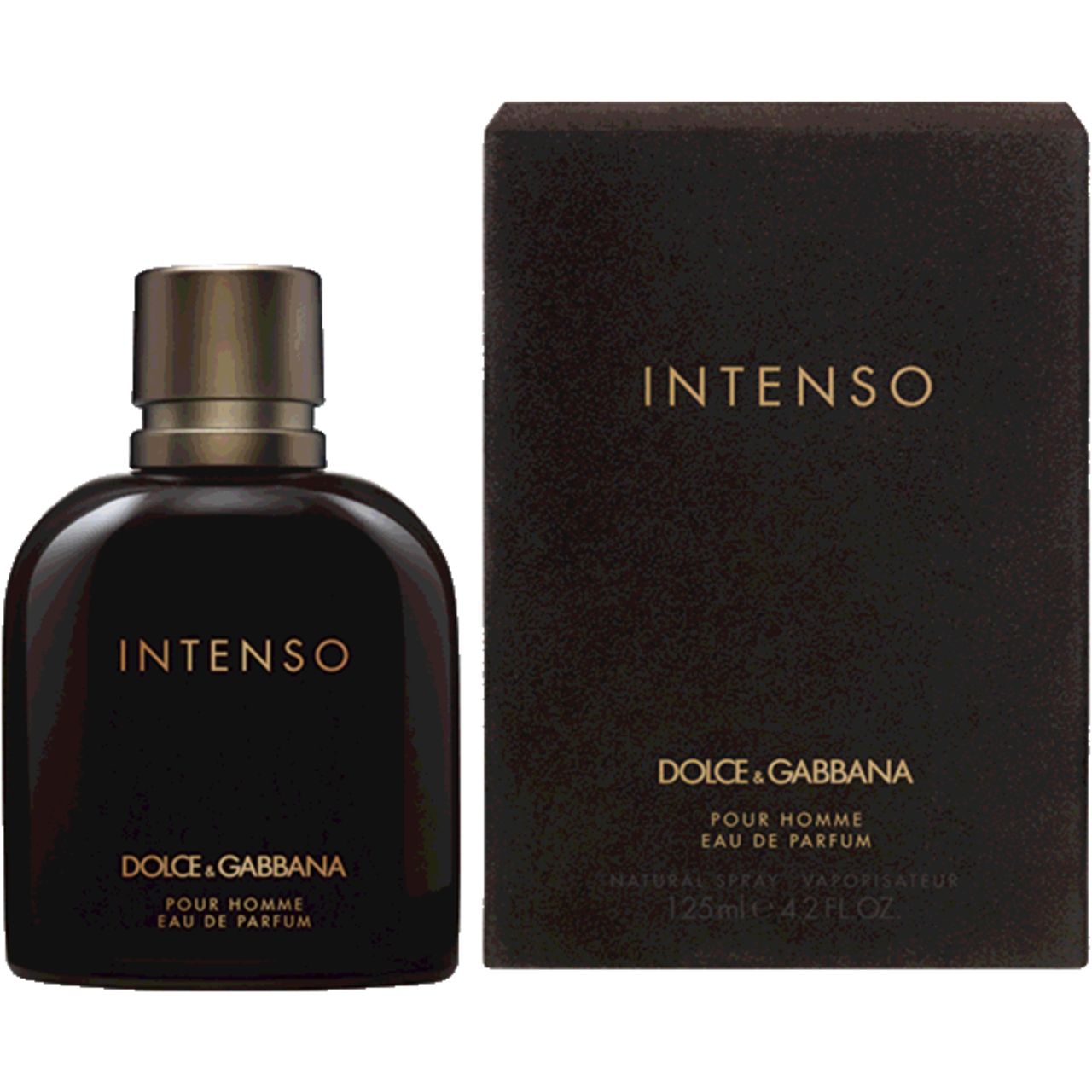 Flacone di profumo e scatola marrone scuro. Scritta 'Intenso' e 'Dolce & Gabbana'.