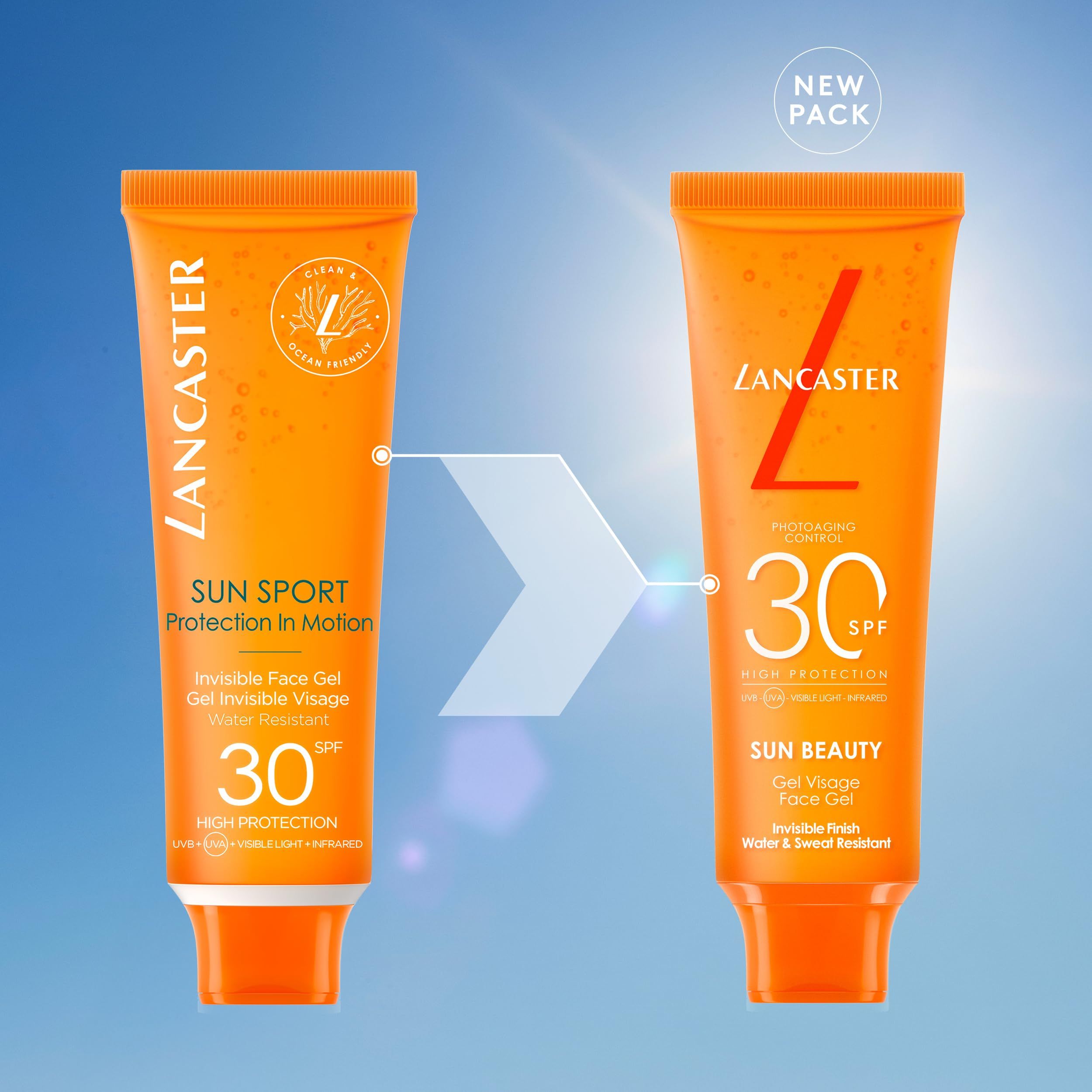 Confronto tra due tubi di crema solare. Scritte: Sun Sport, Sun Beauty, SPF 30, Gel Visage Face Gel.