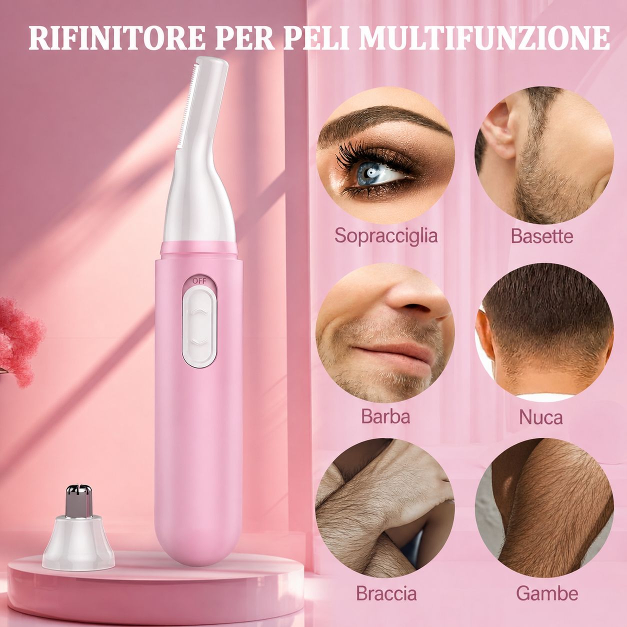 Trimmer per capelli multifunzione rosa. Accessori per sopracciglia, barba, basette, nuca e peli del corpo.