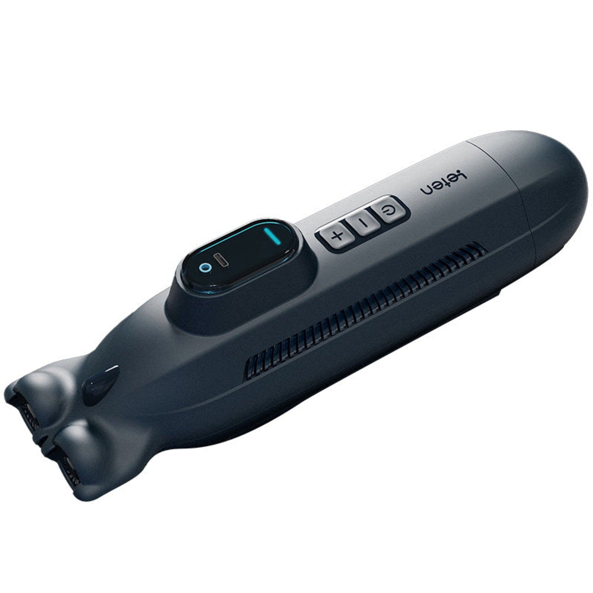 Dispositivo grigio scuro con pulsanti, display ed elementi laterali. Marchio: leten.