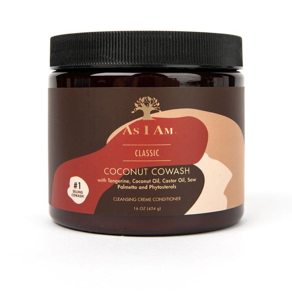 Barattolo marrone con coperchio nero. Scritta: As I Am Classic Coconut CoWash Cleansing Creme Conditioner. 16 oz./454 g.