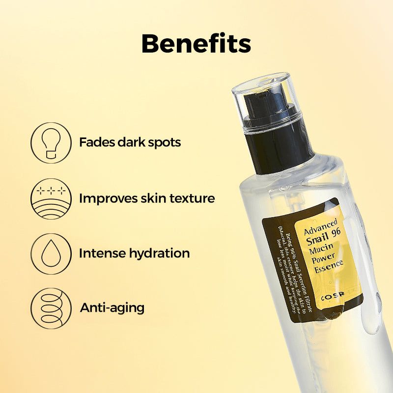 Flacone del prodotto con vantaggi. Testo: Fades dark spots, Improves skin texture, Intense hydration, Anti-aging.