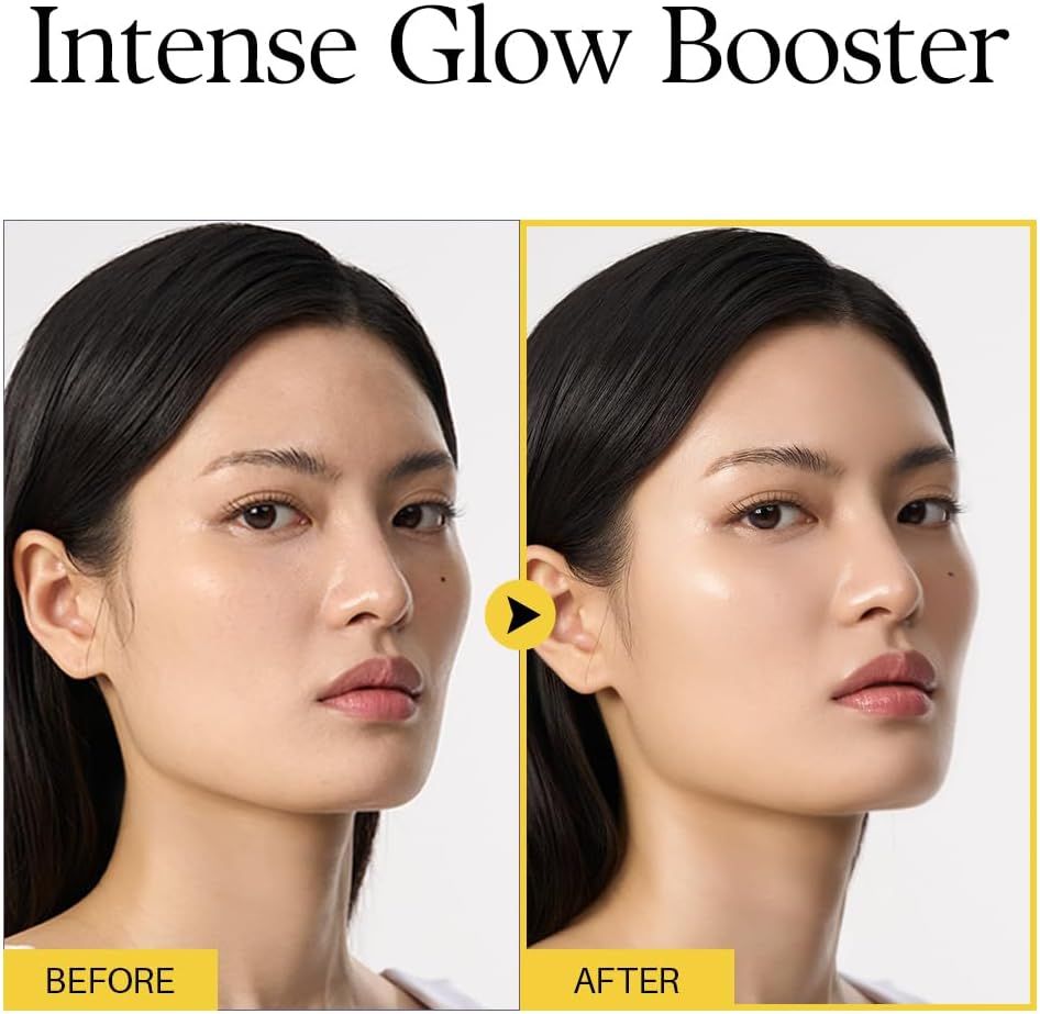 Immagine prima-dopo. Donna con pelle più luminosa dopo l'uso del siero. Testo: Intense Glow Booster.