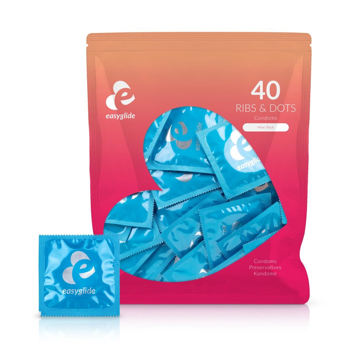 Sacchetto arancione-rosa con 40 preservativi EasyGlide, Coste & Punti. Un preservativo singolo blu davanti.