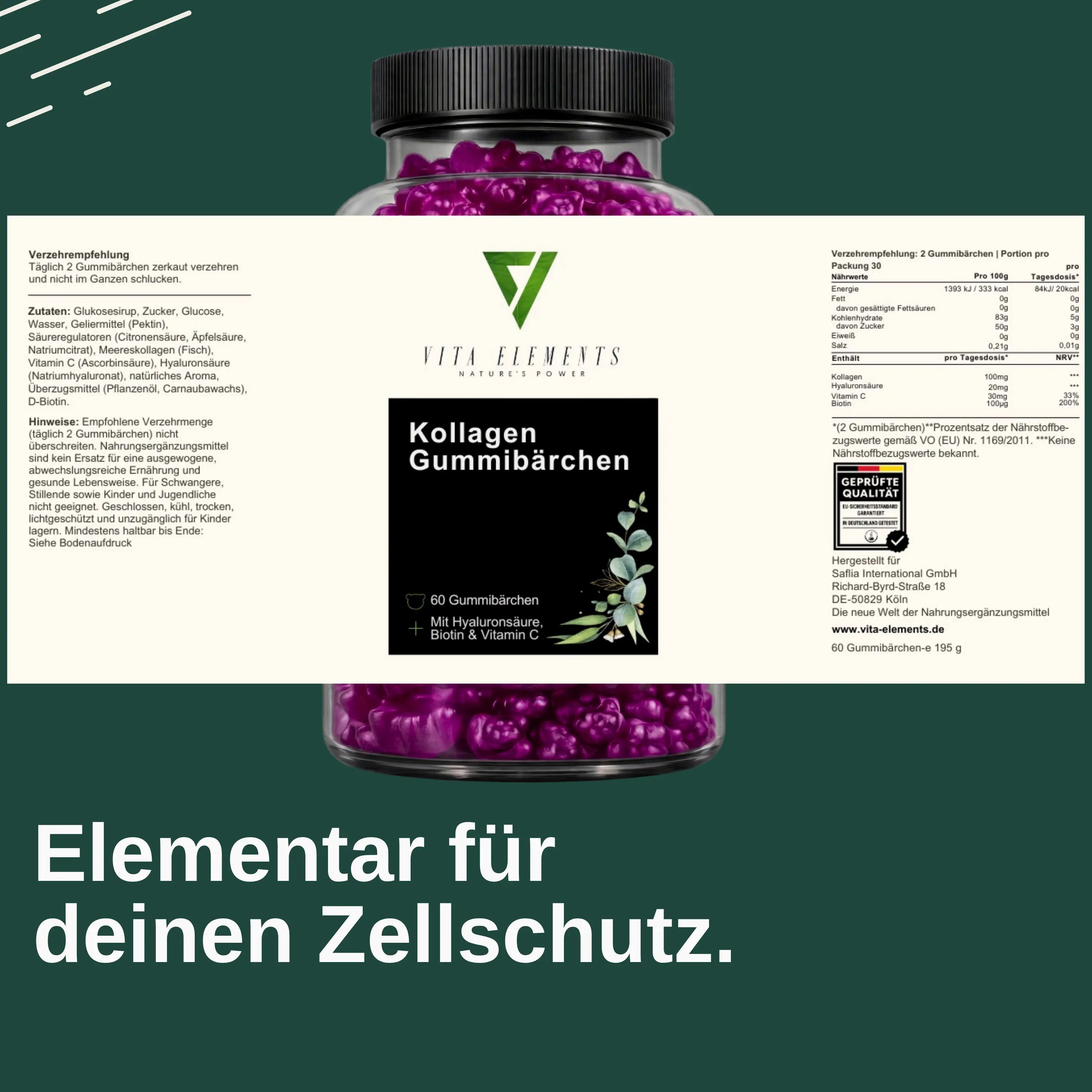 Flacone con caramelle gommose viola al collagene, logo Vita Elements, scritta "Kollagen Gummibärchen", "60 Gummibärchen".