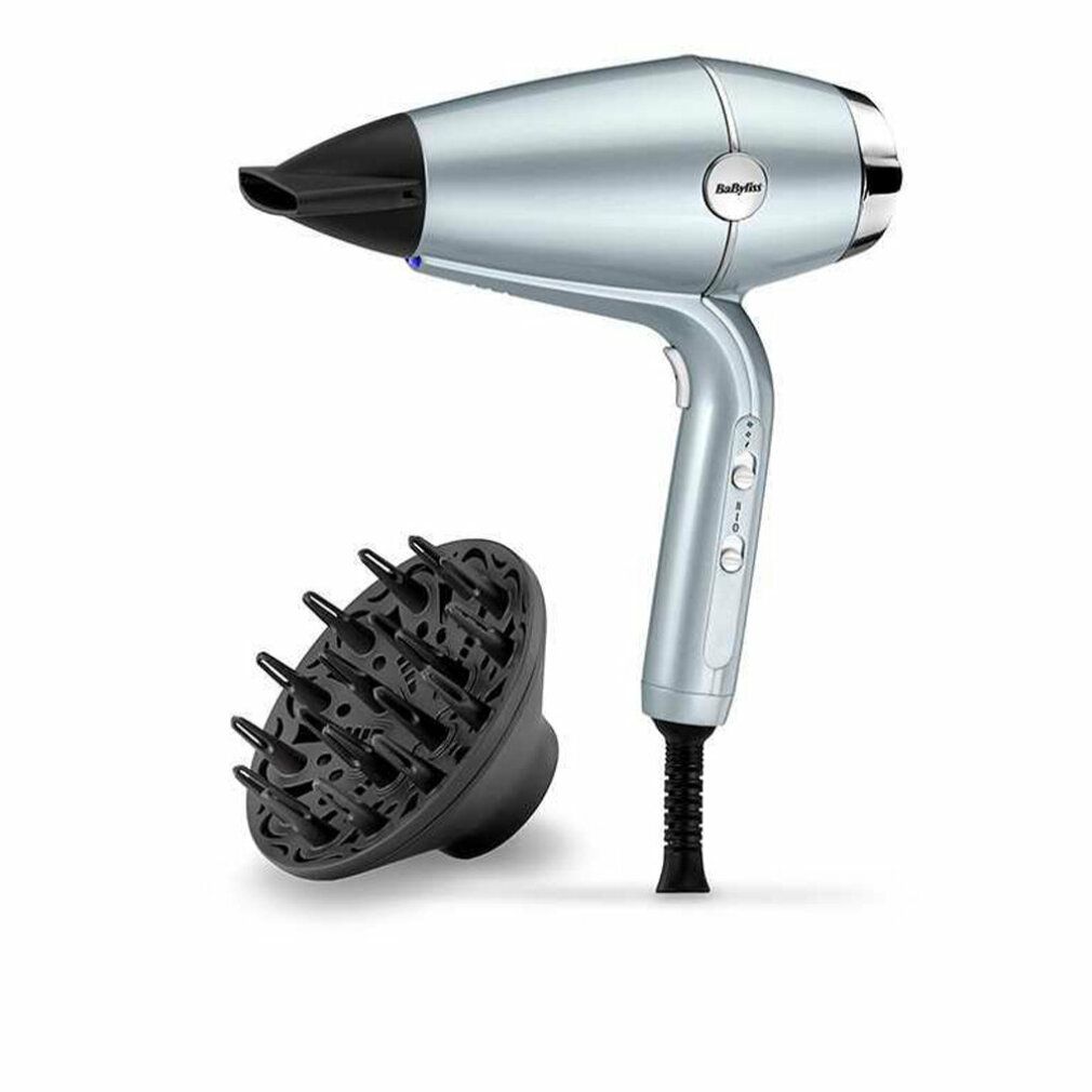 Asciugacapelli azzurro con ugello nero e diffusore. Marchio BaByliss. Il diffusore ha piccoli denti.