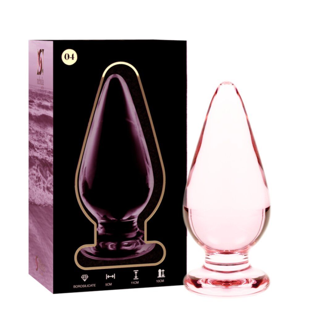Plug anale in vetro rosa con base larga, lungo 11 cm, largo 5 cm.