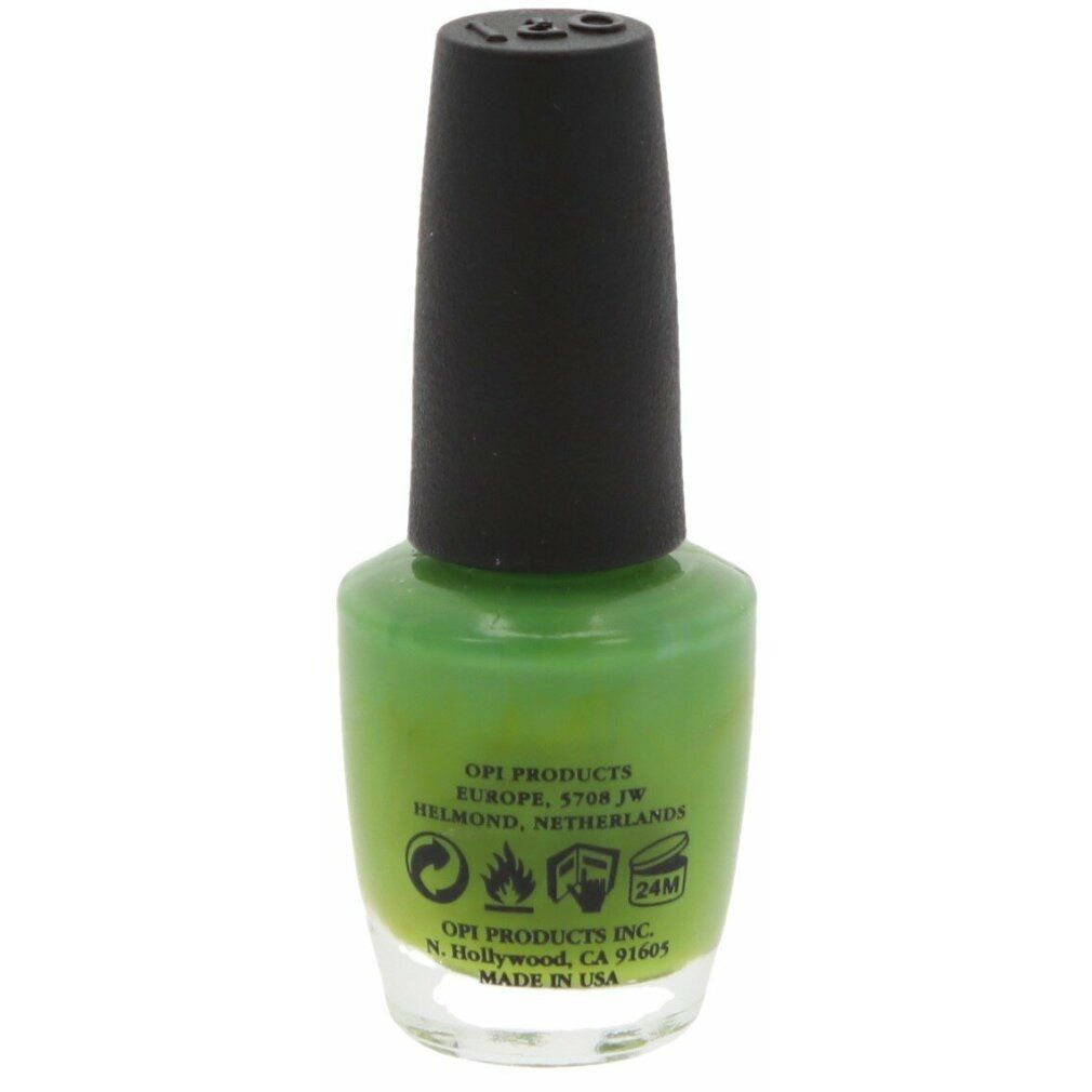Retro del flacone di smalto verde. Informazioni e simboli del prodotto OPI.