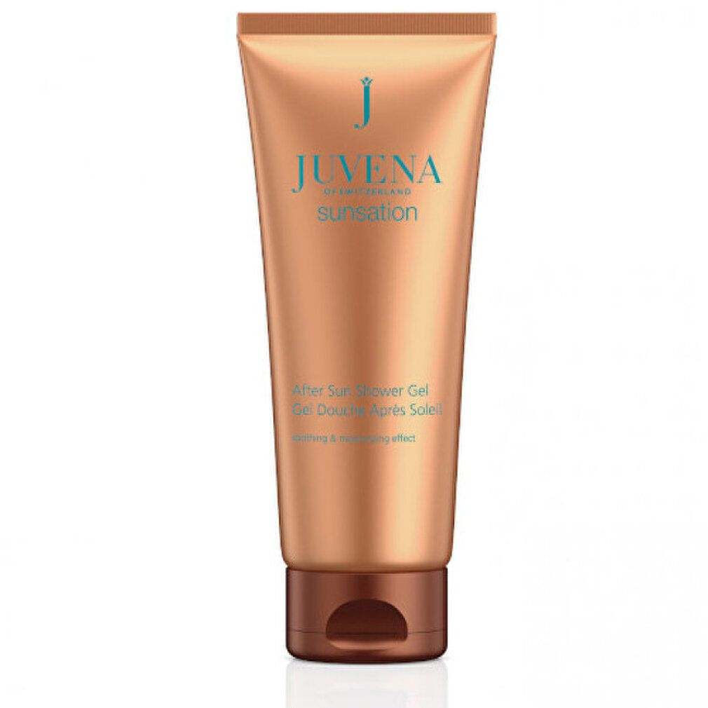 Tubo beige con tappo marrone. Scritta: Juvena Sunsation After Sun Shower Gel. Testo turchese.