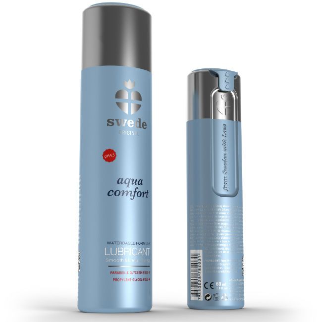 Flacone di lubrificante Swede Aqua Comfort, azzurro con tappo argentato.