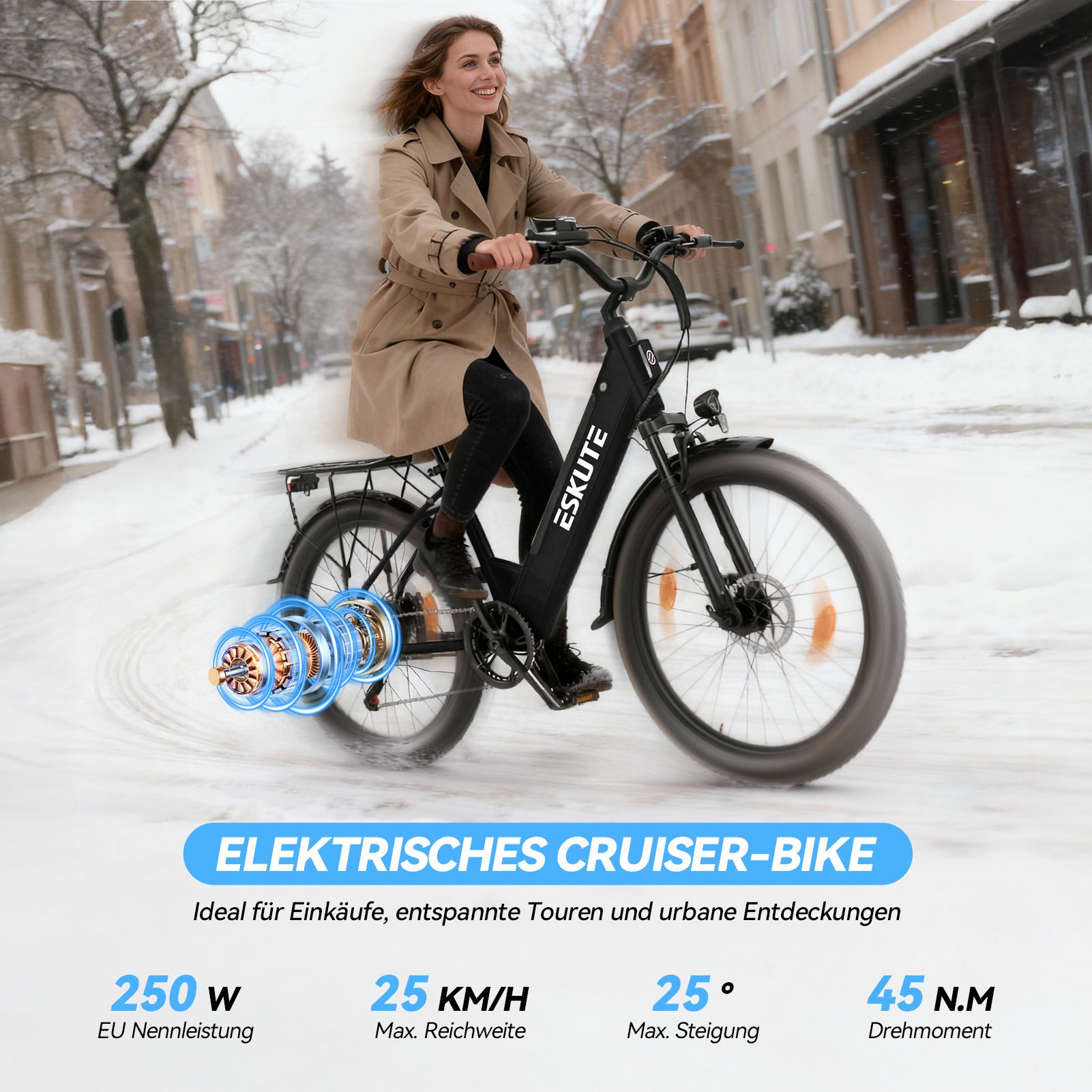 Una donna guida una e-bike cruiser nera. Il testo mostra: potenza 250W, autonomia 25 km/h, pendenza 25°, coppia 45 N.M.