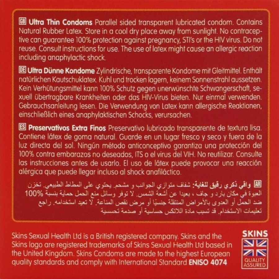 Testo in inglese, tedesco, spagnolo e arabo. Descrive i preservativi Ultra Thin. Contiene informazioni su materiale, protezione e utilizzo.