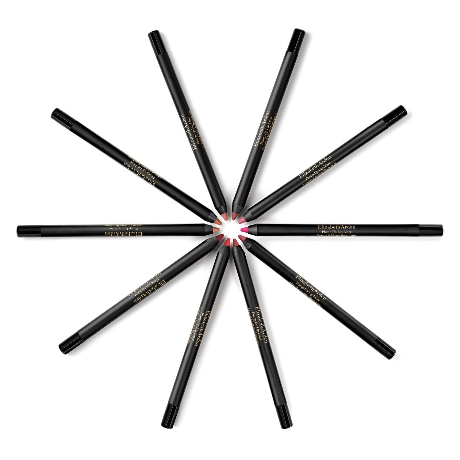 Disposizione di undici matite labbra a forma di stella. Marchio Elizabeth Arden. Matite nere con punte rosa.