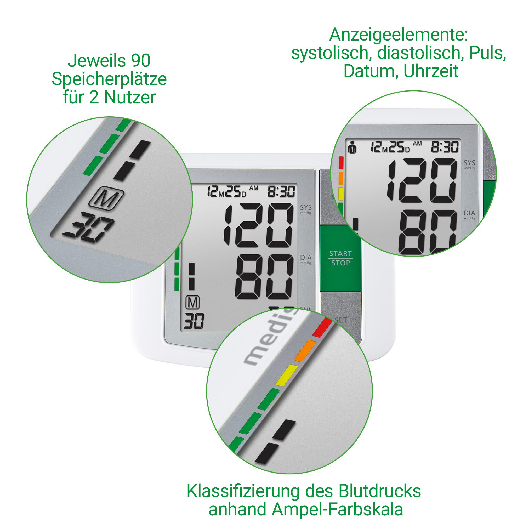 Misuratore di pressione da braccio con display, classificazione e 2x90 memorie.