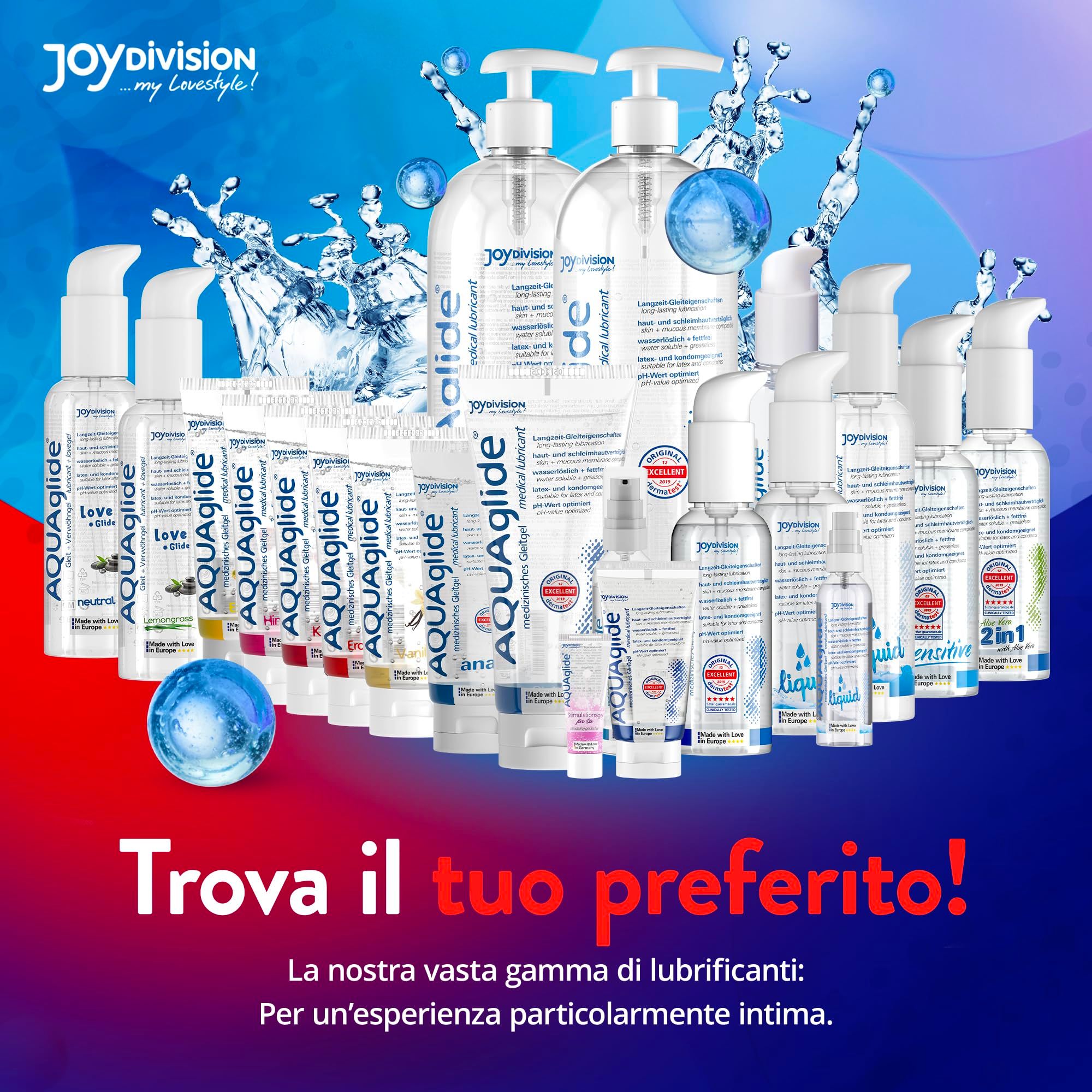 Varietà di lubrificanti Joydivision AQUAglide in diverse bottiglie e tubi, con effetti d'acqua.