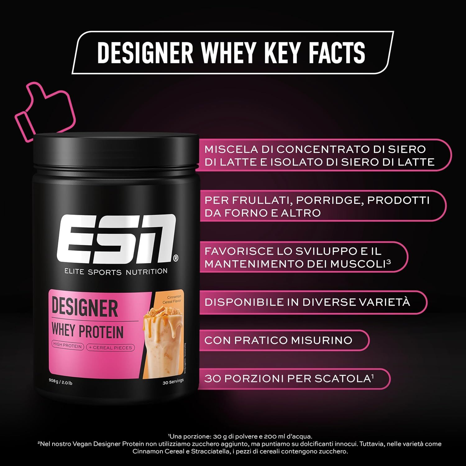 Contenitore nero con ESN Designer Whey Protein, etichetta rosa con immagine prodotto e informazioni.