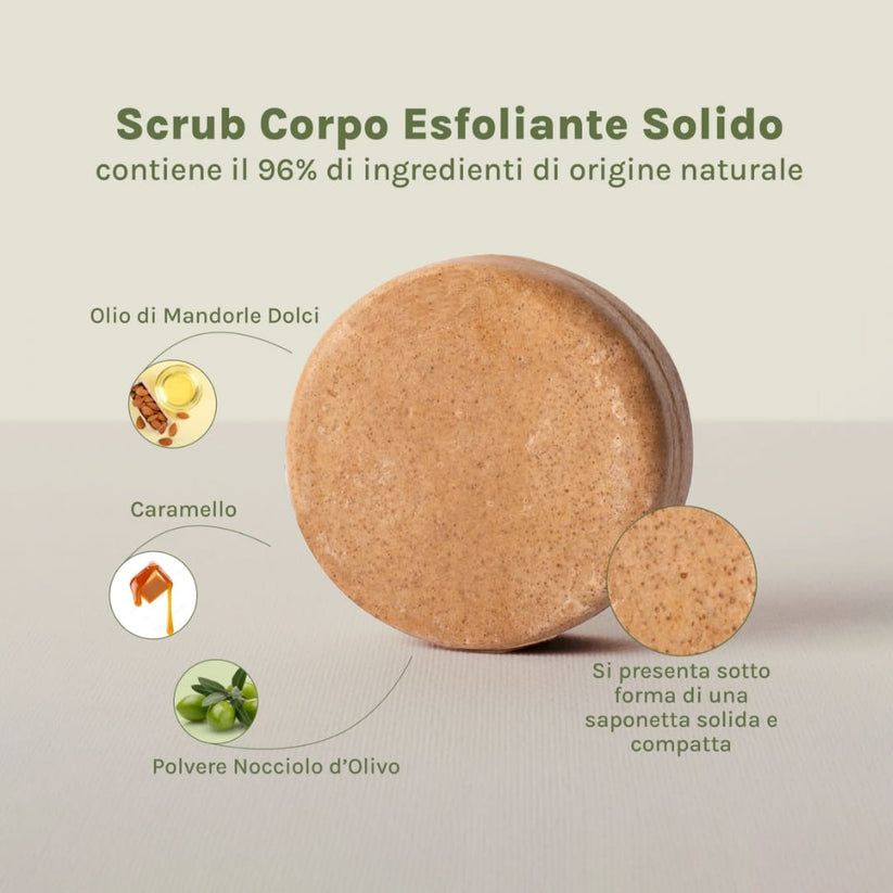 Blocco esfoliante corpo rotondo marrone. Grafici che mostrano gli ingredienti: olio di mandorle, caramello, polvere di nocciolo di oliva. Testo: Scrub Corpo Esfoliante Solido.