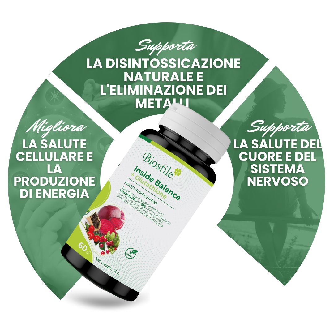 Flacone del prodotto con testo e grafica. Testo: Supporta la disintossicazione naturale e l'eliminazione dei metalli pesanti.