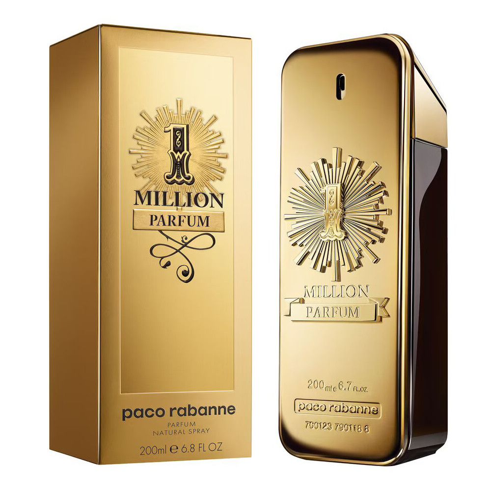 Flacone e confezione dorati. Scritta: 1 Million Parfum, Paco Rabanne. Flacone a forma di lingotto, dorato.