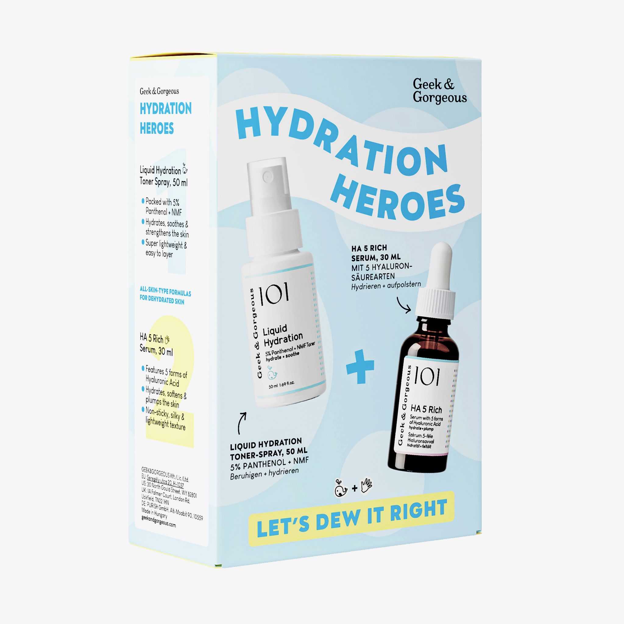 Confezione con due flaconi e un flacone spray. Scritta: Hydration Heroes. Contiene HA 5 Rich Serum e Liquid Hydration.