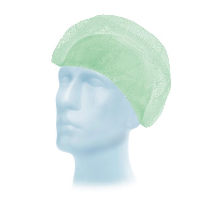 Cappello da infermiera verde in tessuto non tessuto, su una testa di manichino blu.