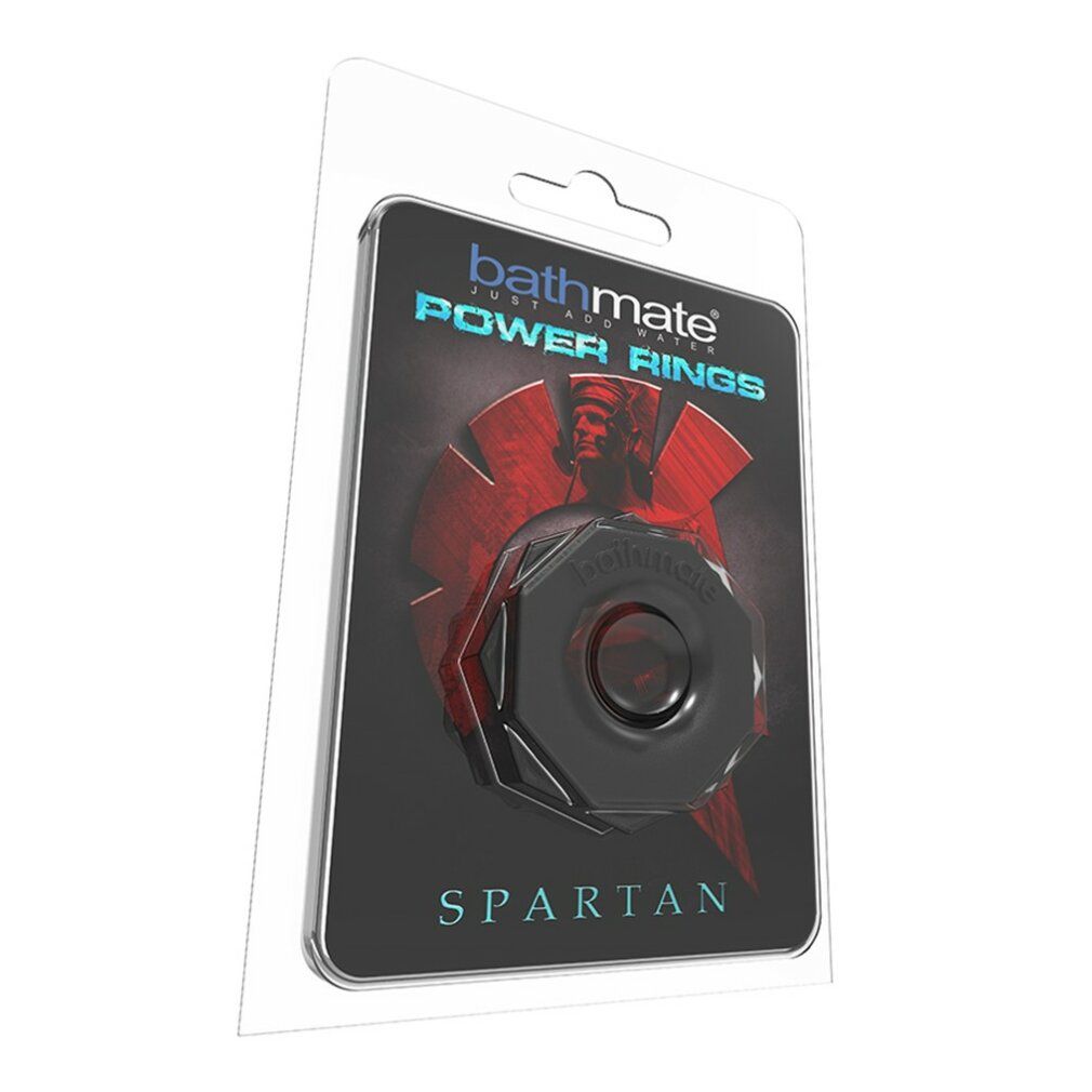 Confezione prodotto con anello nero. Testo: Bathmate Power Rings Spartan. Blister trasparente.