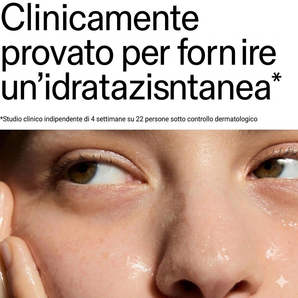 Primo piano di viso e pelle. Testo: Clinicamente provato per fornire idratazione istantanea. Studio sotto controllo dermatologico.