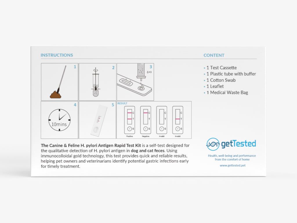 Confezione del test GetTested H. pylori. Contiene cassetta, provetta, tampone, foglietto illustrativo e sacco rifiuti medico.