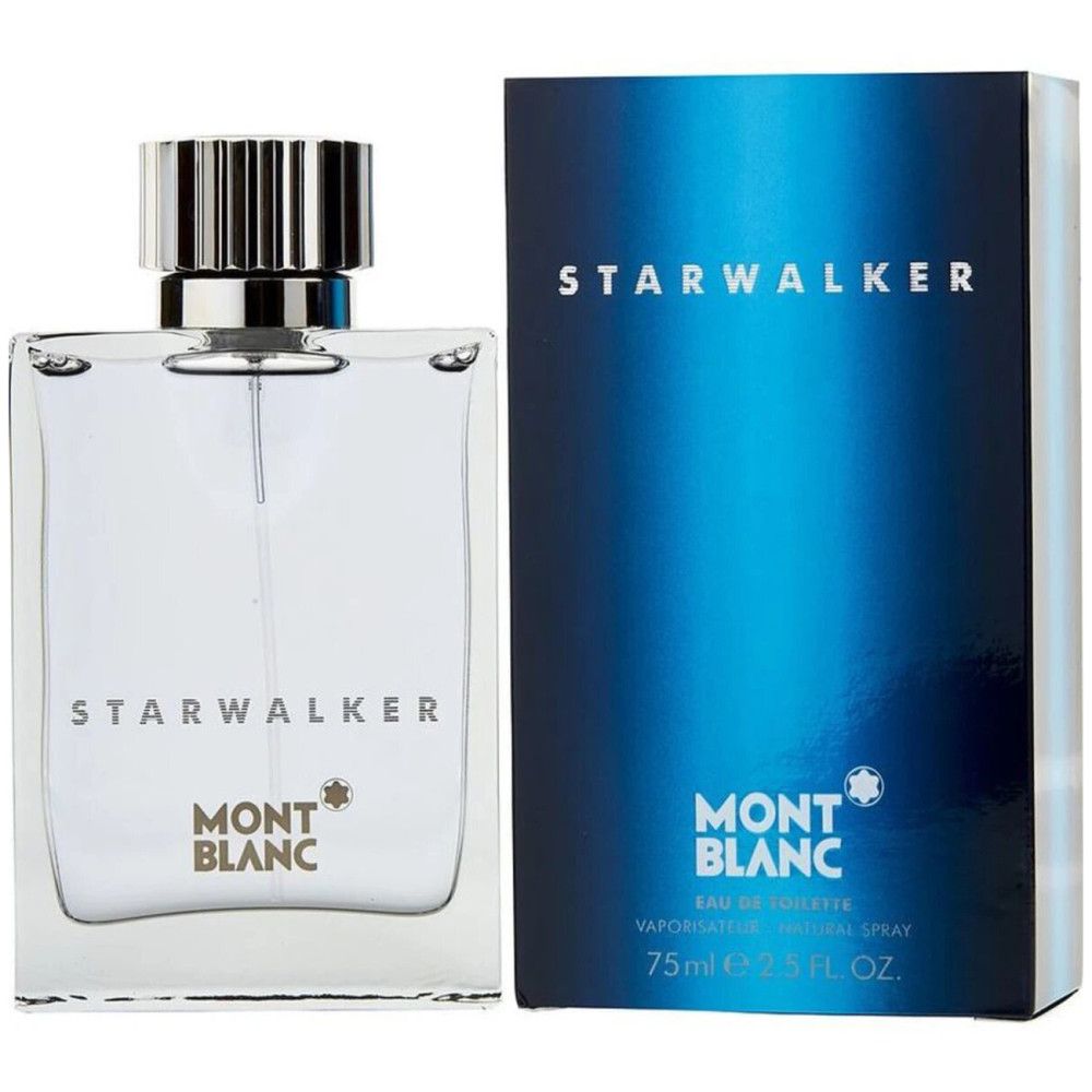 Flacone e confezione Montblanc Starwalker Eau de Toilette. Flacone in vetro rettangolare con tappo argentato. Confezione blu con logo.