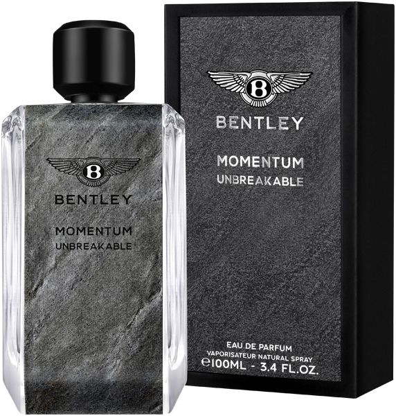 Bentley Momentum Unbreakable EdP Nat. Spray. Flacone e confezione. Tappo nero, effetto pietra grigia, logo Bentley. Testo: Eau de Parfum.