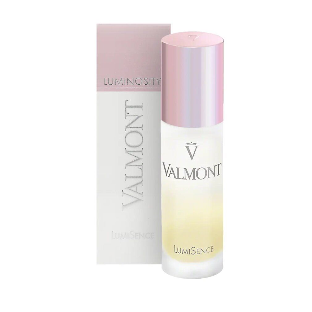 Flacone e confezione. Scritta: Valmont, Lumisence, Luminosity. Tappo rosa. Sfumatura da bianco a giallo.