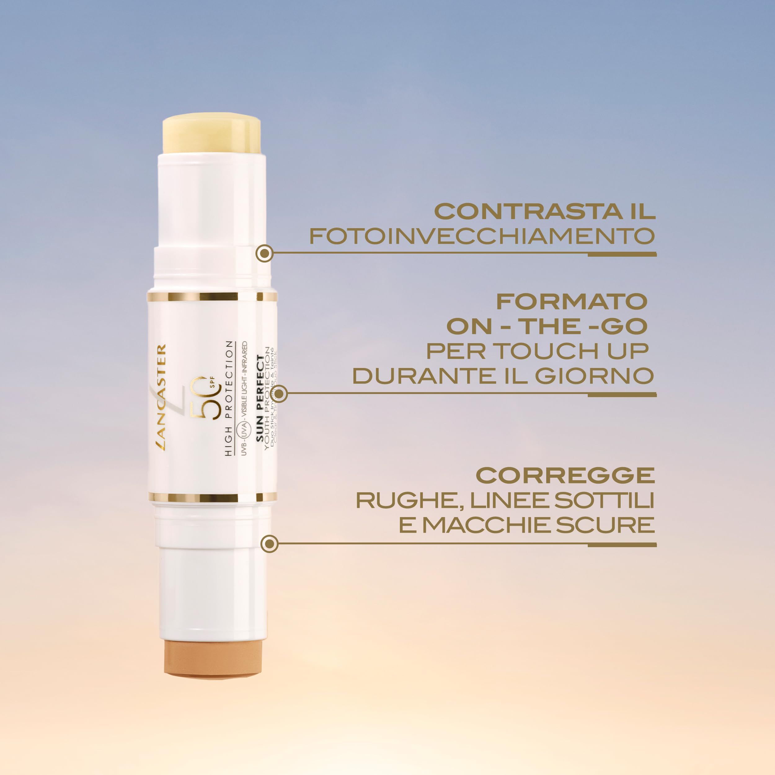 Stick bianco con estremità colorata. Scritte: Lancaster, 50, High Protection, Sun Perfect. Testo in italiano.