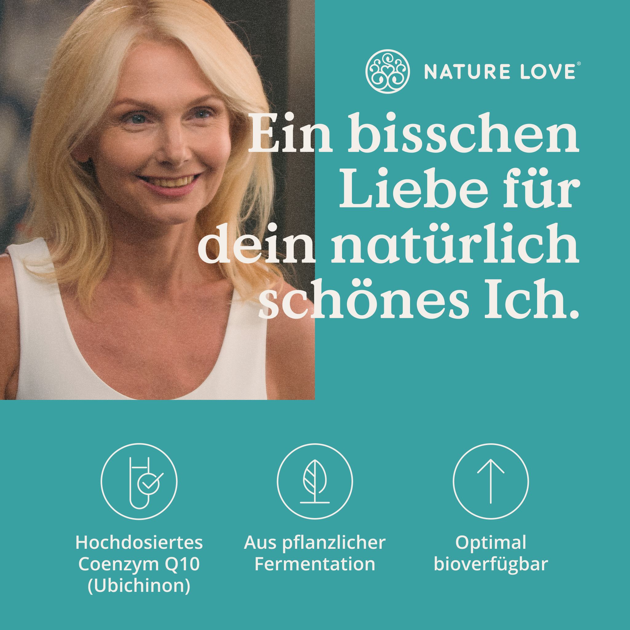 Donna sorridente, testo e icone: Coenzima Q10 ad alto dosaggio, fermentazione vegetale, biodisponibile.