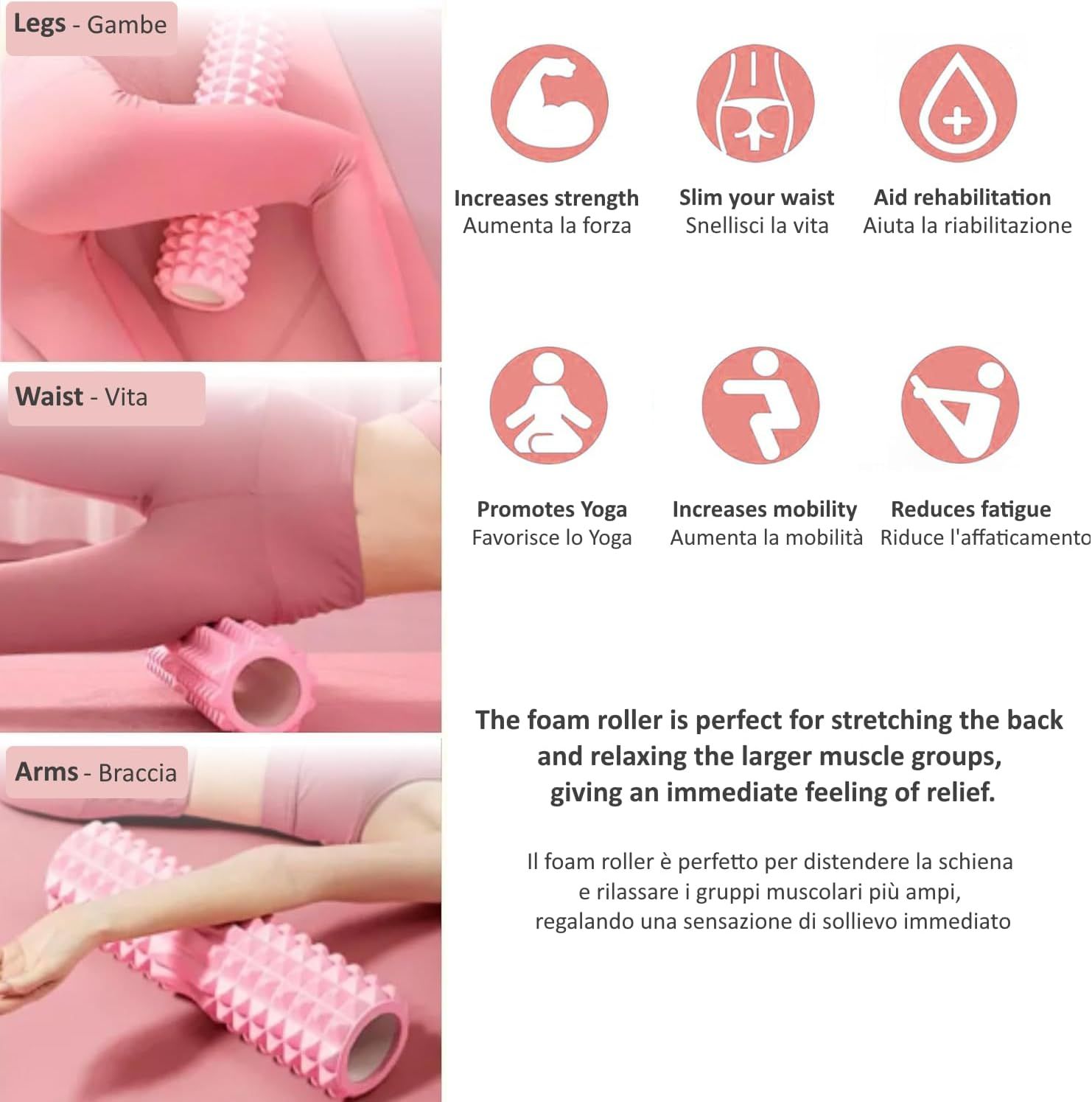 Rullo per massaggio rosa. Utilizzo su gambe, vita e braccia. Testo: benefici e applicazioni.