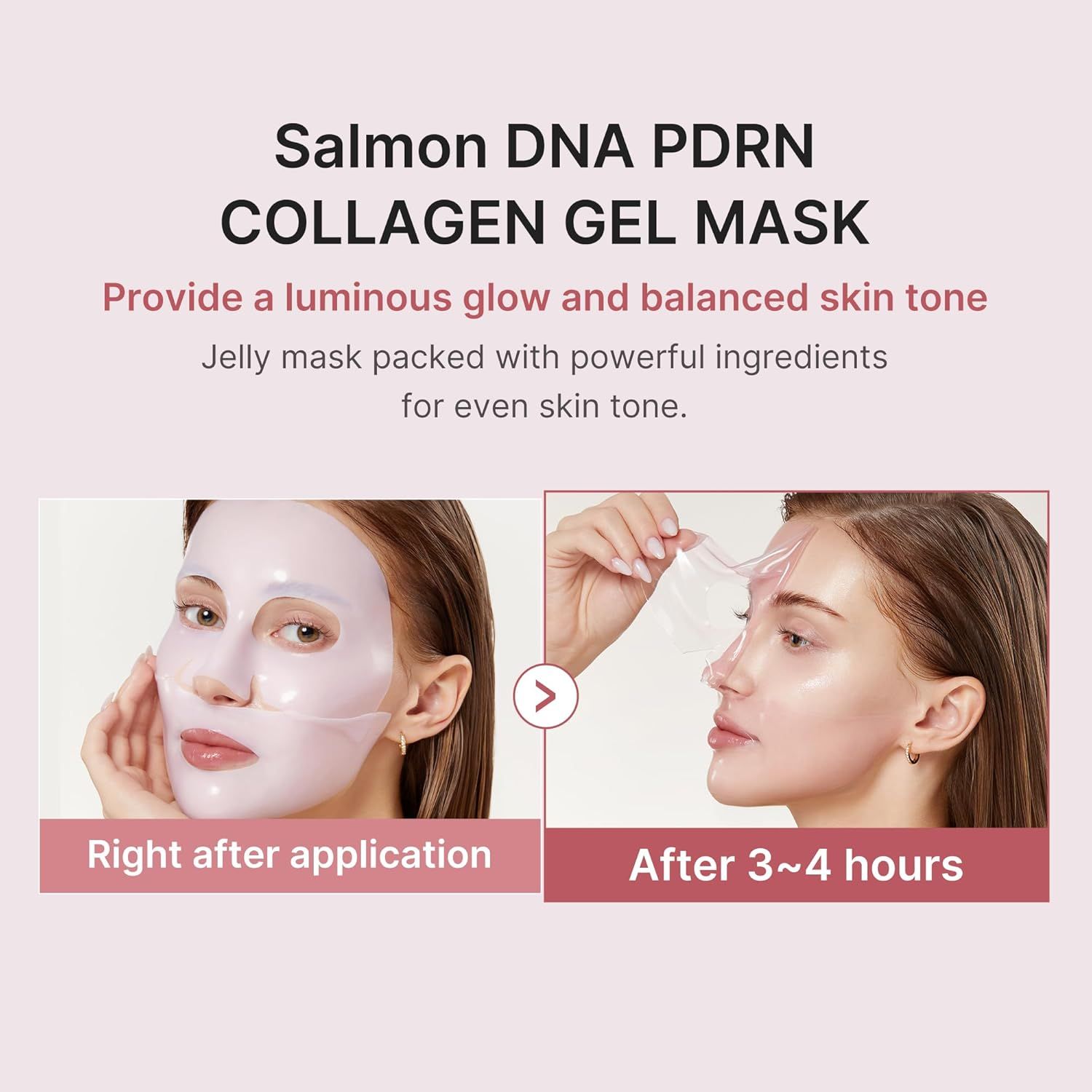 Due immagini: maschera subito dopo l'applicazione e dopo 3-4 ore. Testo: Offre luminosità e tono della pelle equilibrato. Maschera gel.