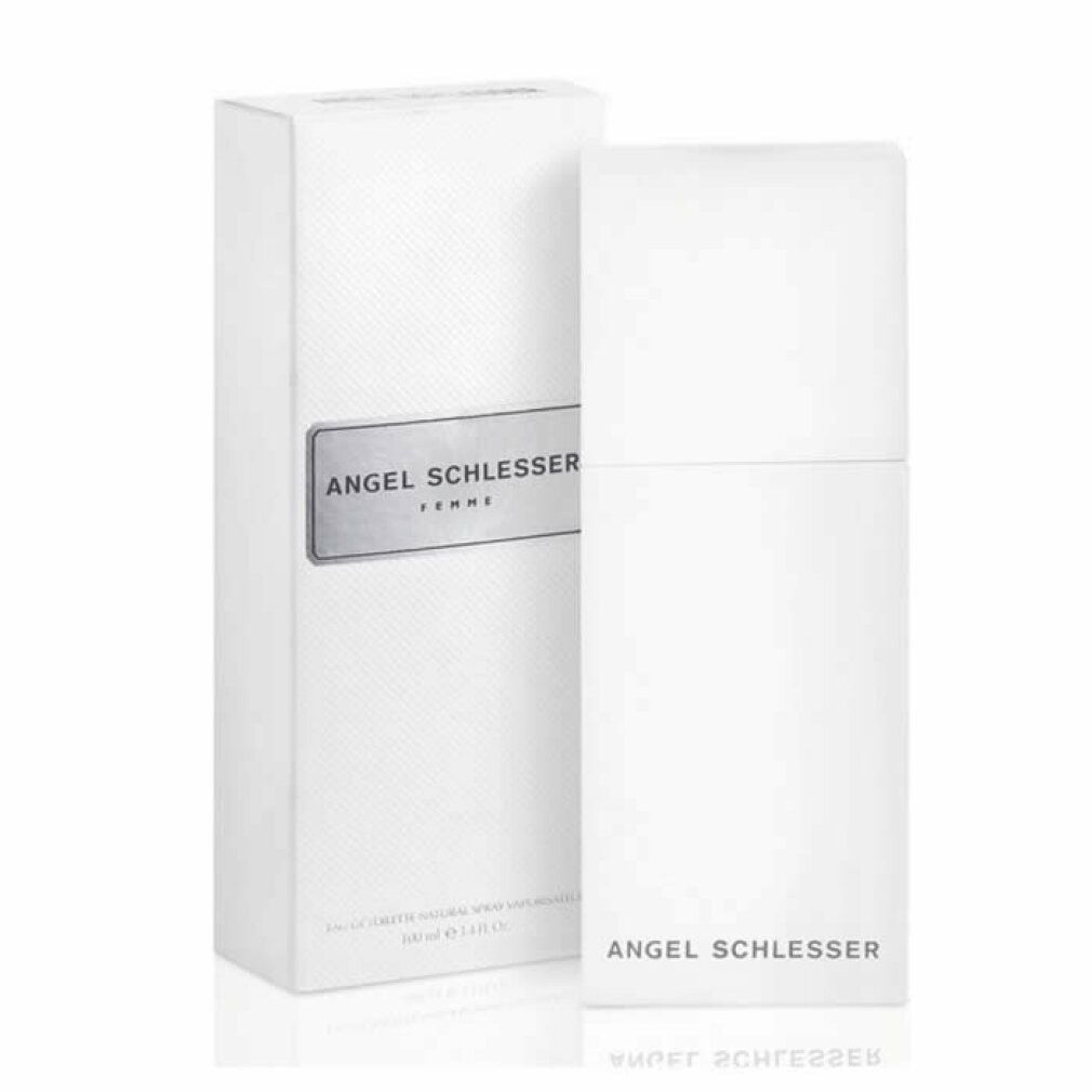 Spray Eau de Toilette bianco e confezione. Scritta: Angel Schlesser Femme.