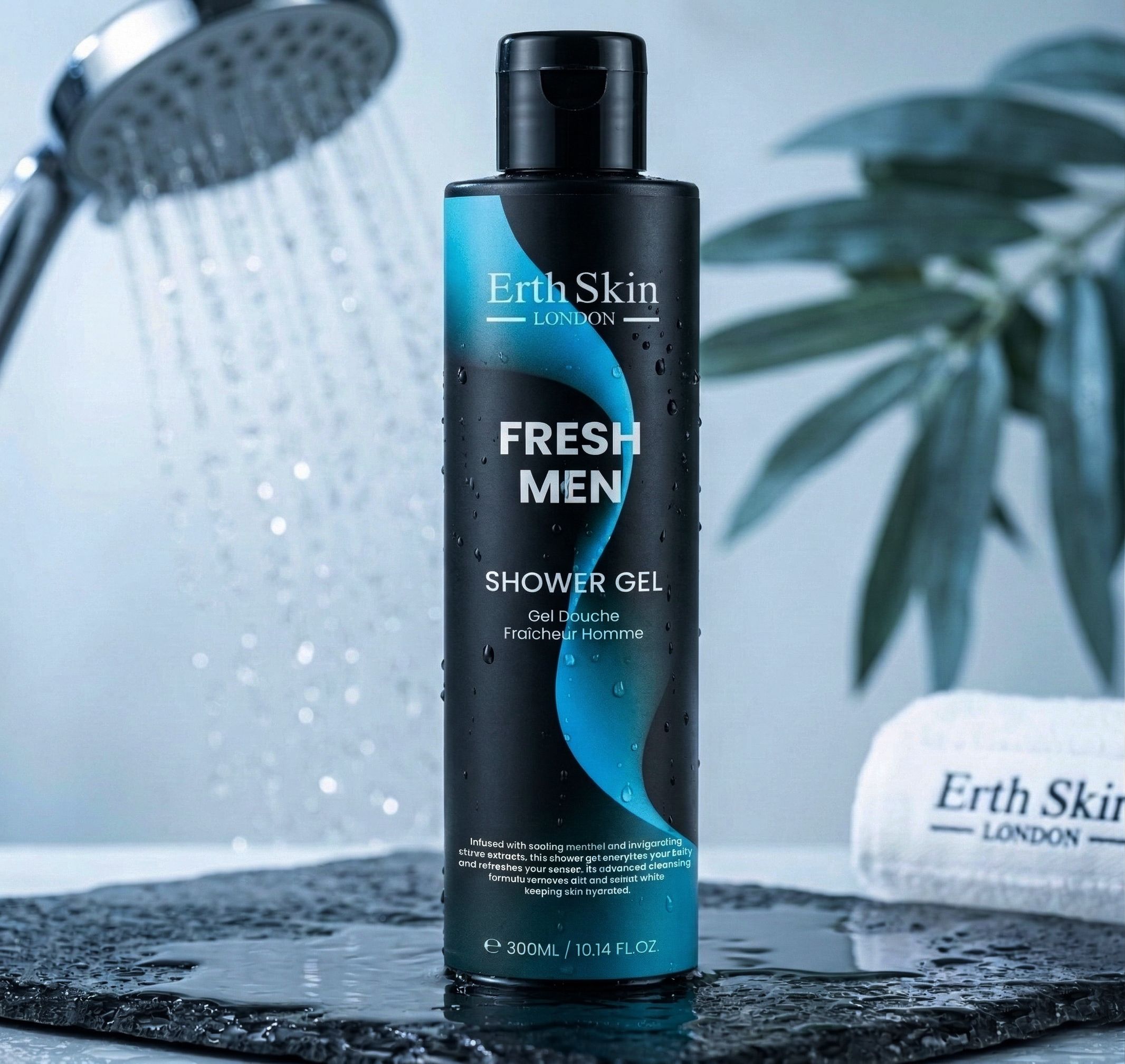 ErthSkin London Fresh Men Shower Gel in bottiglia nera con design blu.